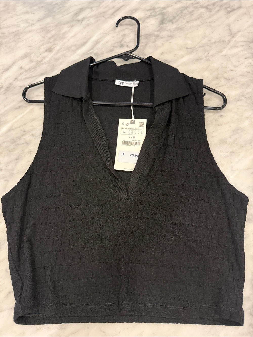 Zara Black Collared V-Neck Textured Tank